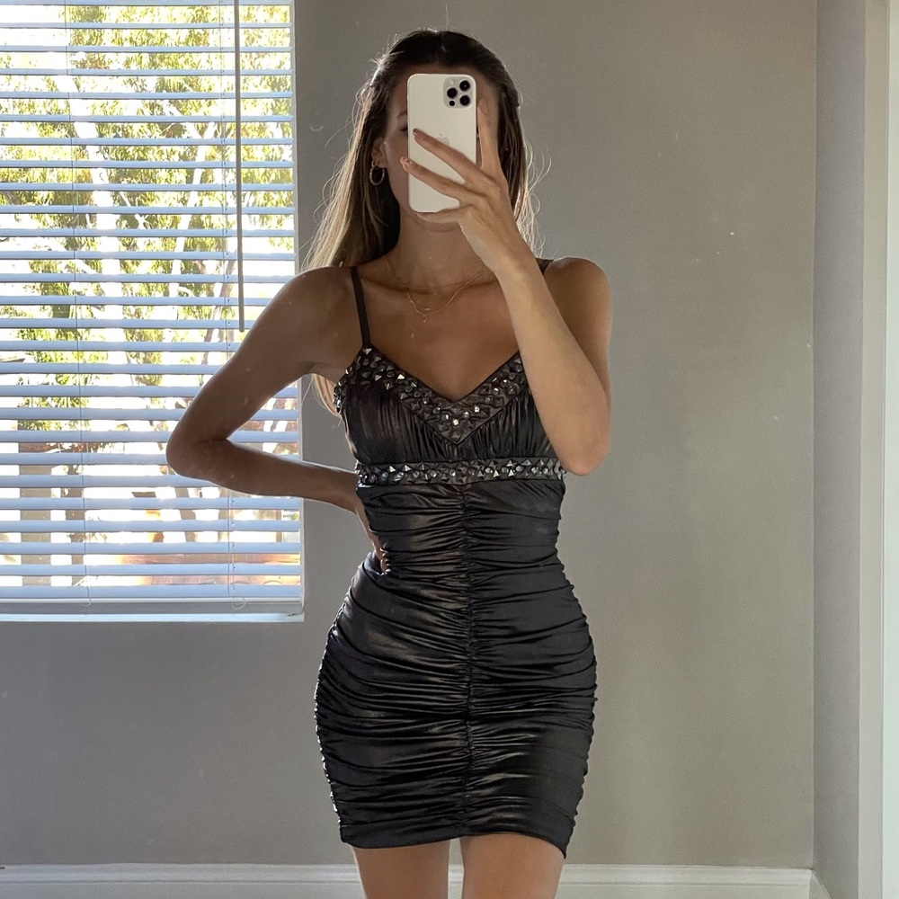 NWT Bebe | Gray metallic embellished mini dress